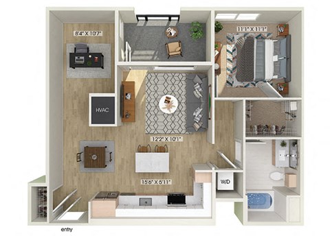 Floor plan for 1 bed, 1 bath, 840 sqft